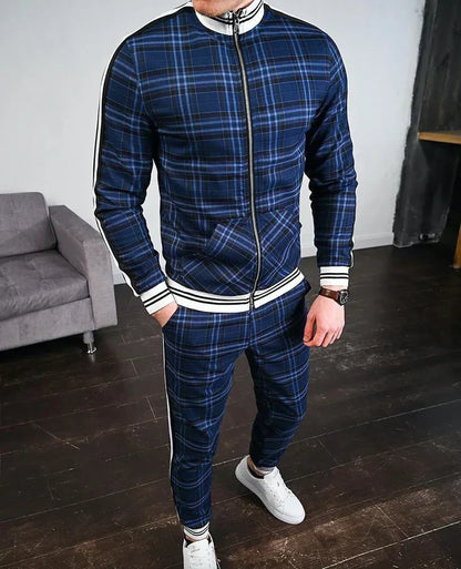 Stylish Plaid Zip Up Mens Tracksuit
