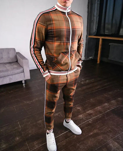 Stylish Plaid Zip Up Mens Tracksuit