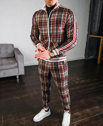 Stylish Plaid Zip Up Mens Tracksuit