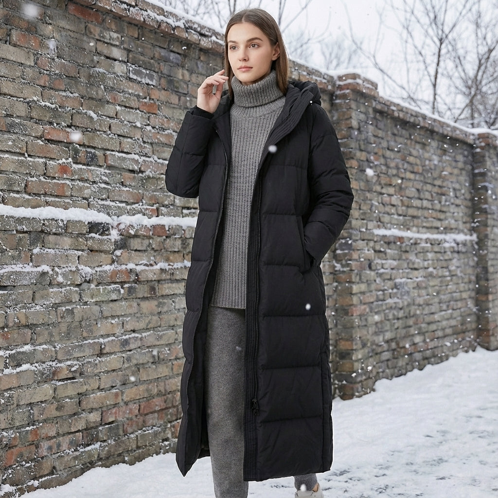Warm Quilted Down Parka Coat with Hood and Pockets