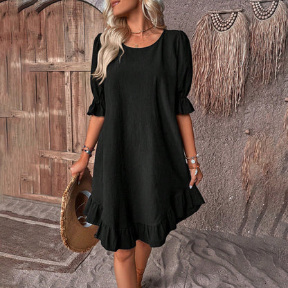 Floral A-Line Dress with Puff Sleeves and Ruffles - Nocini