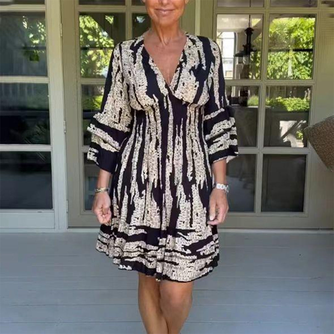 Women's V-Neck Dress with Fitted Waist and Cap Sleeves - Nocini