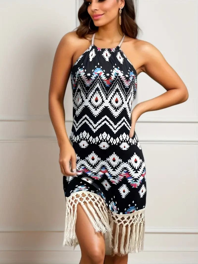 Fitted Sleeveless Knee Length Boho Dress - Nocini