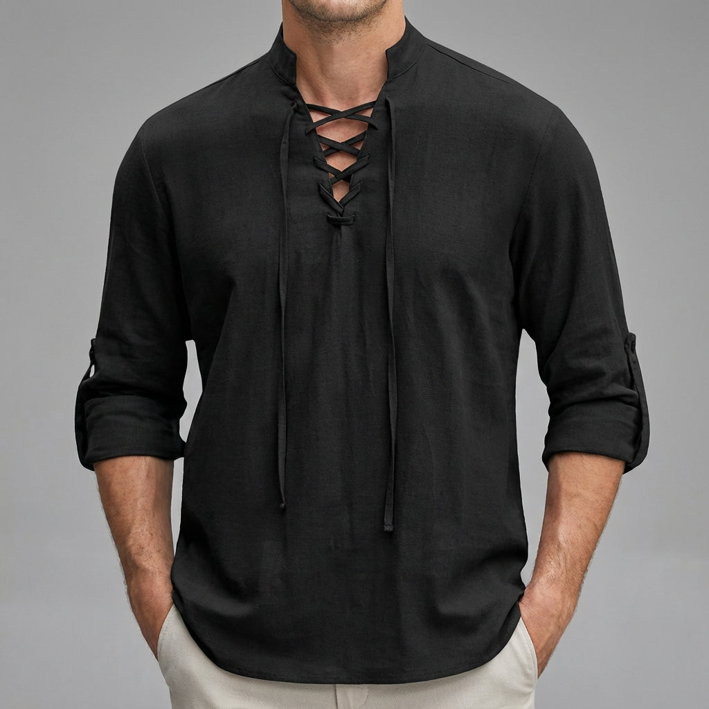Casual Fit Button Henley with Classic Collar and Cuffed Sleeves - Nocini