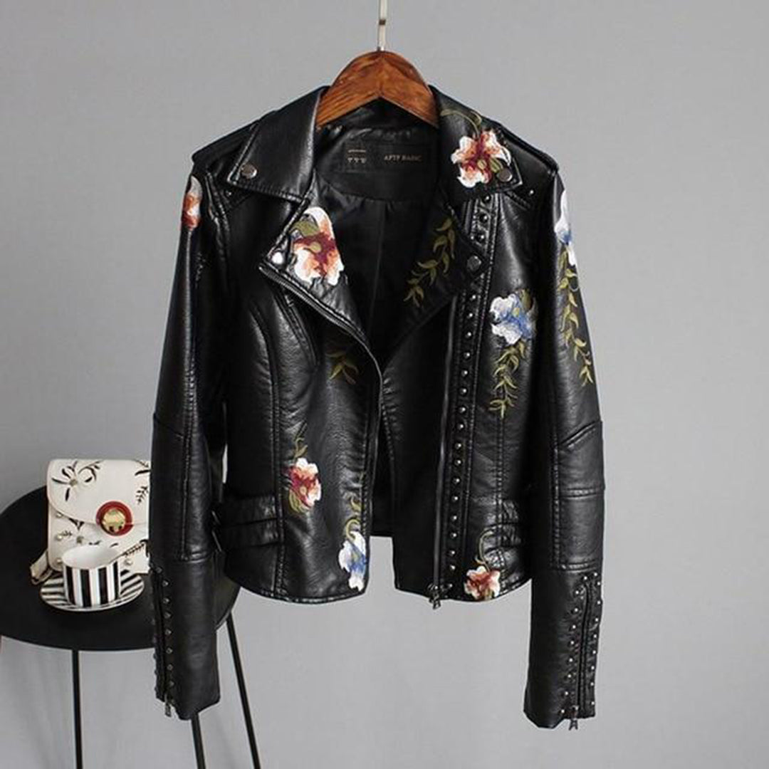 Fashionable Leather Motorcycle Jacket - Floral Design - Nocini