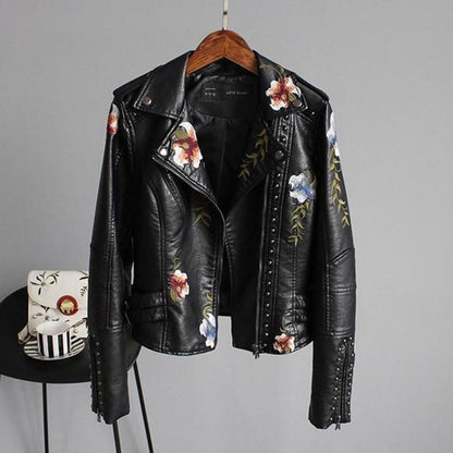 Fashionable Leather Motorcycle Jacket - Floral Design - Nocini