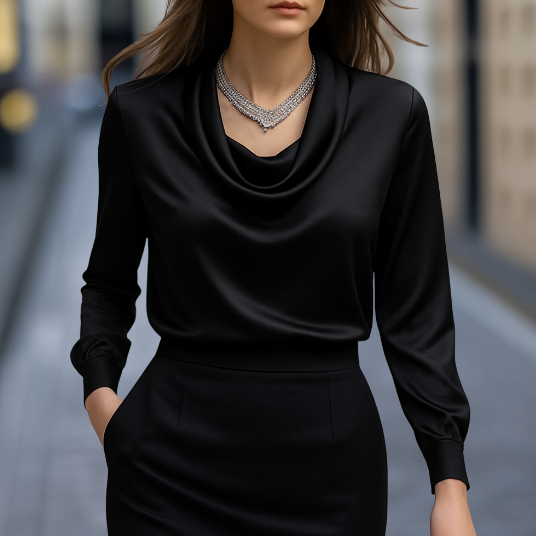 Fitted Drape Neck Women's Blouse with Button Cuffs