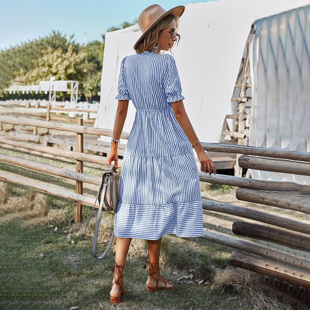 Colorful Warm Weather Dress with Bell Sleeves and V Neck