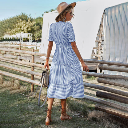 Colorful Warm Weather Dress with Bell Sleeves and V Neck
