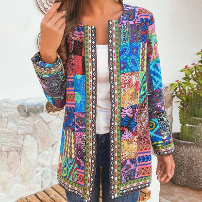 Stylish Open Front Long Sleeve Patchwork Jacket