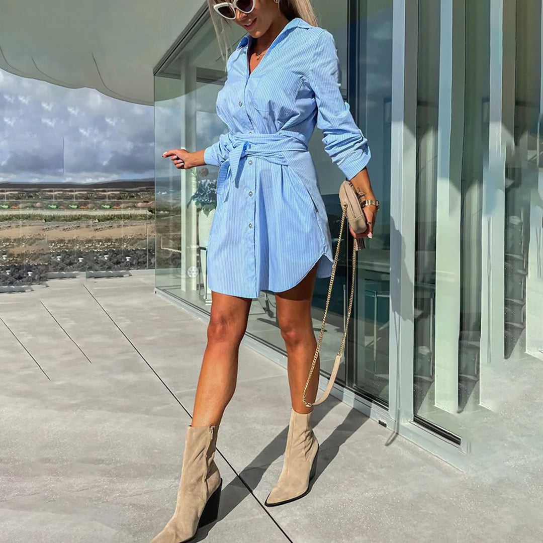 Ladies Casual Long Sleeve Shirt Dress with Pockets