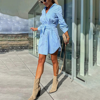 Ladies Casual Long Sleeve Shirt Dress with Pockets