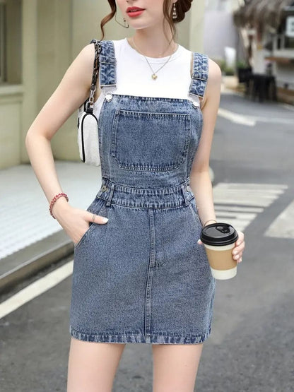 Women's Denim Overall Dress - Sleeveless - Adjustable Comfortable Straps