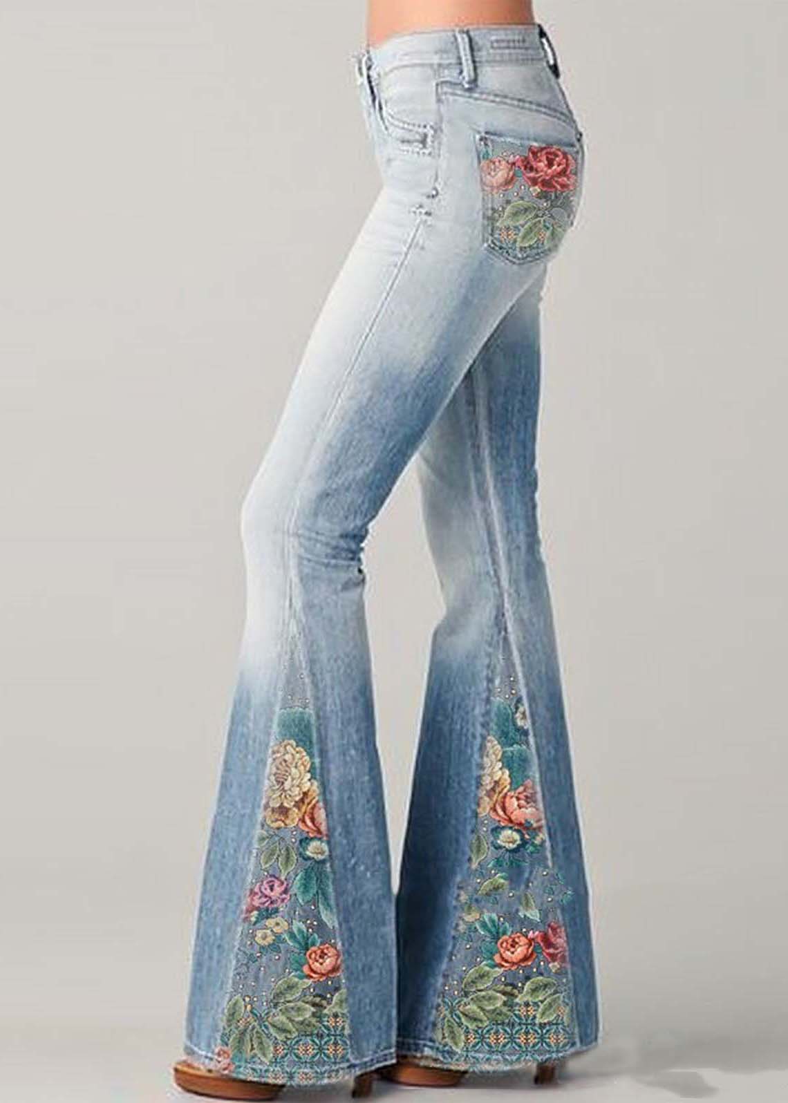 Trendy High Waisted Embroidered Flare Jeans - Nocini