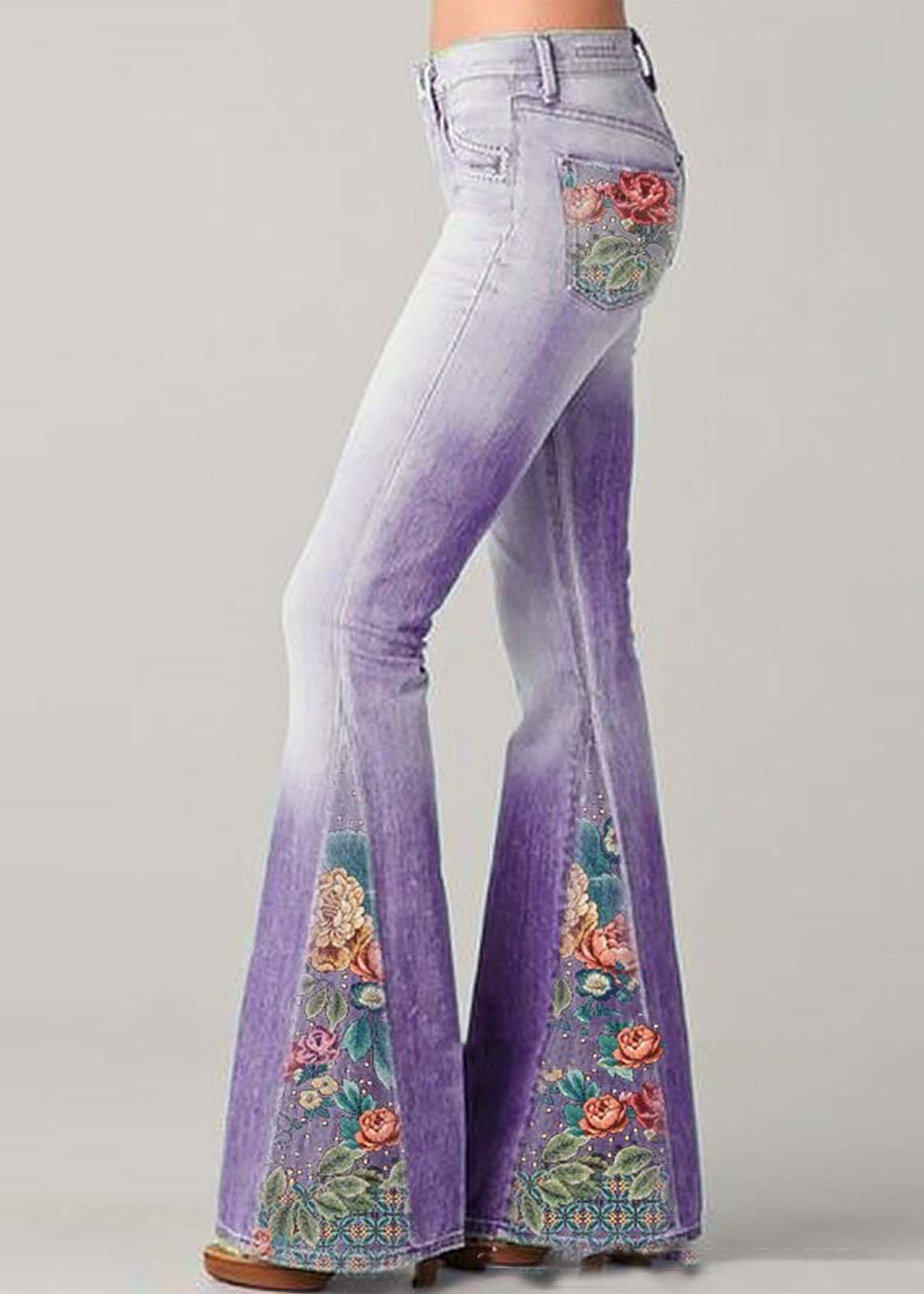 Trendy High Waisted Embroidered Flare Jeans