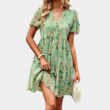 Ladies Floral V-Neck Knee Length Summer Dress