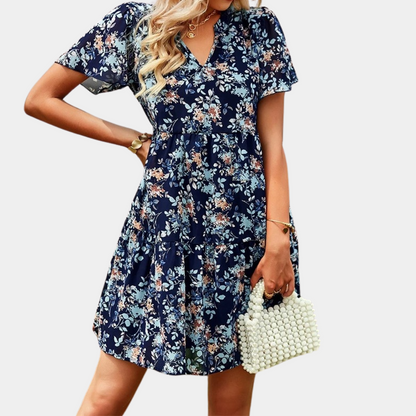 Ladies Floral V-Neck Knee Length Summer Dress
