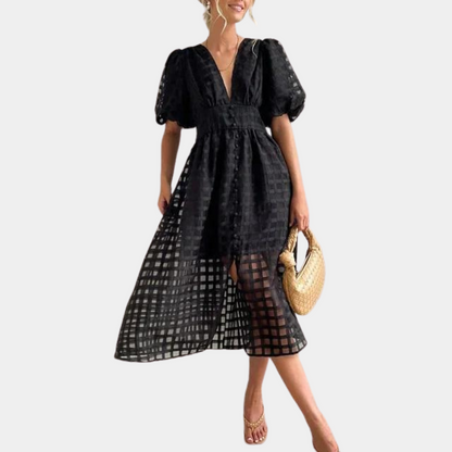 Ladies' Midi Dress with V-Neck and Puffy Sleeves
