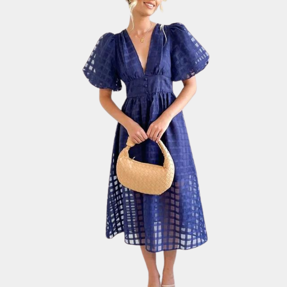 Ladies' Midi Dress with V-Neck and Puffy Sleeves - Nocini
