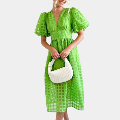 Ladies' Midi Dress with V-Neck and Puffy Sleeves