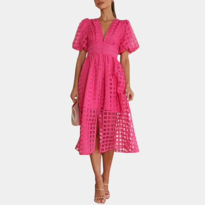 Ladies' Midi Dress with V-Neck and Puffy Sleeves