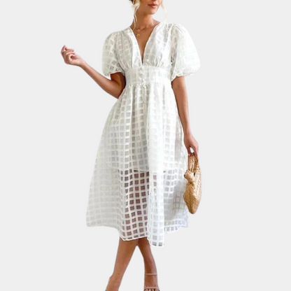 Ladies' Midi Dress with V-Neck and Puffy Sleeves