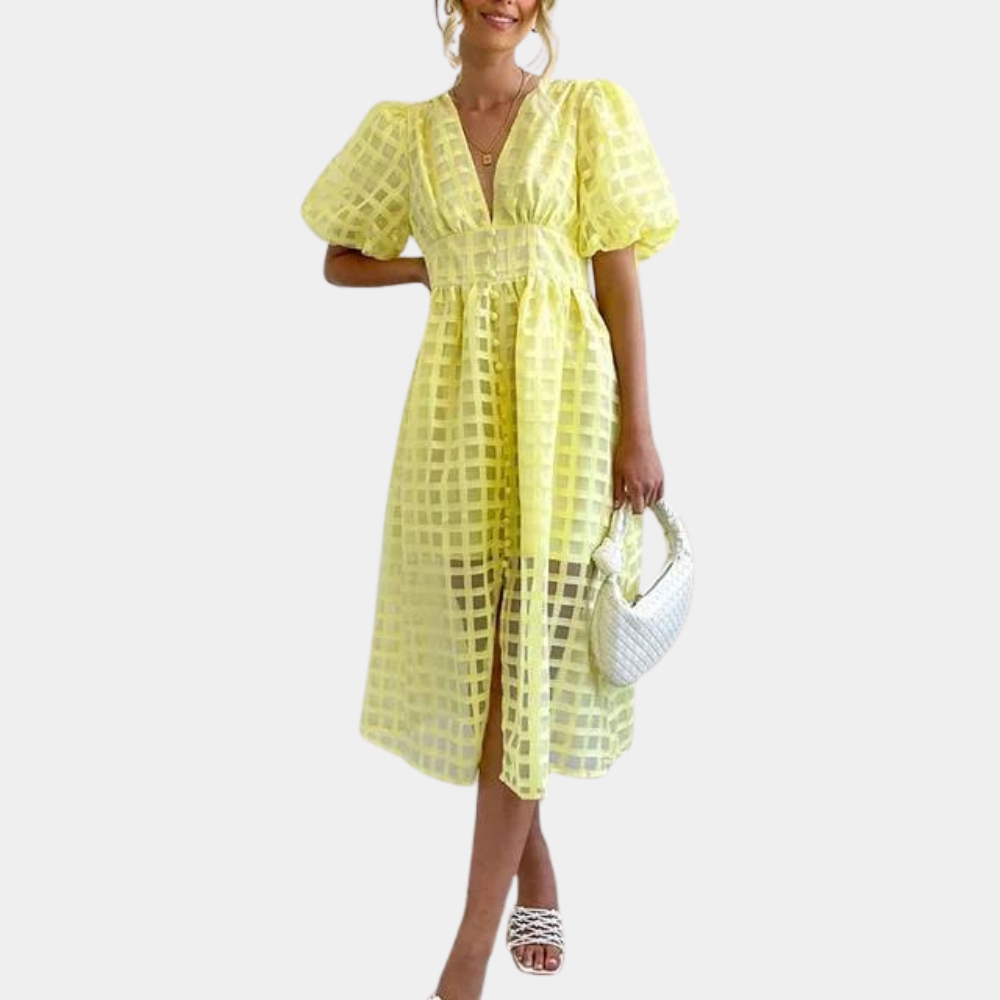 Ladies' Midi Dress with V-Neck and Puffy Sleeves