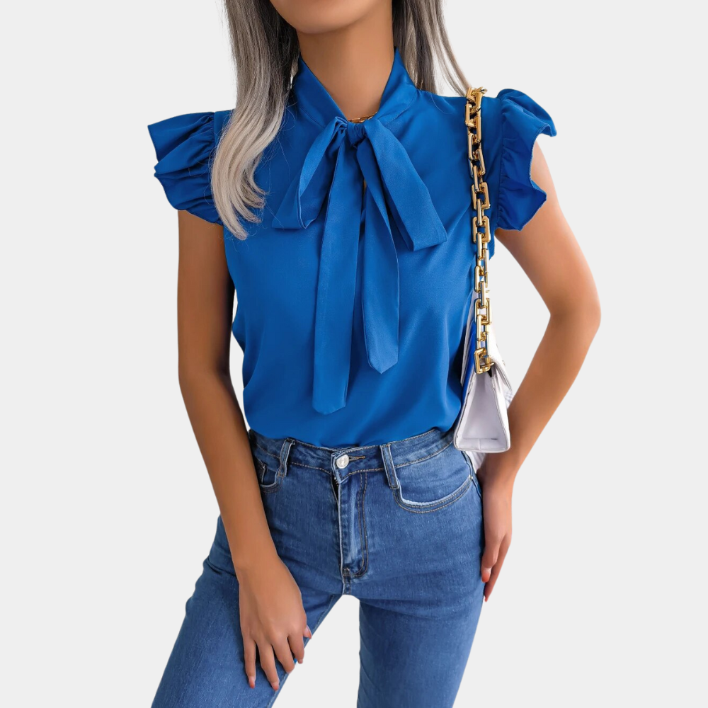 Feminine Short Sleeve Blouse with Chic Bow Collar