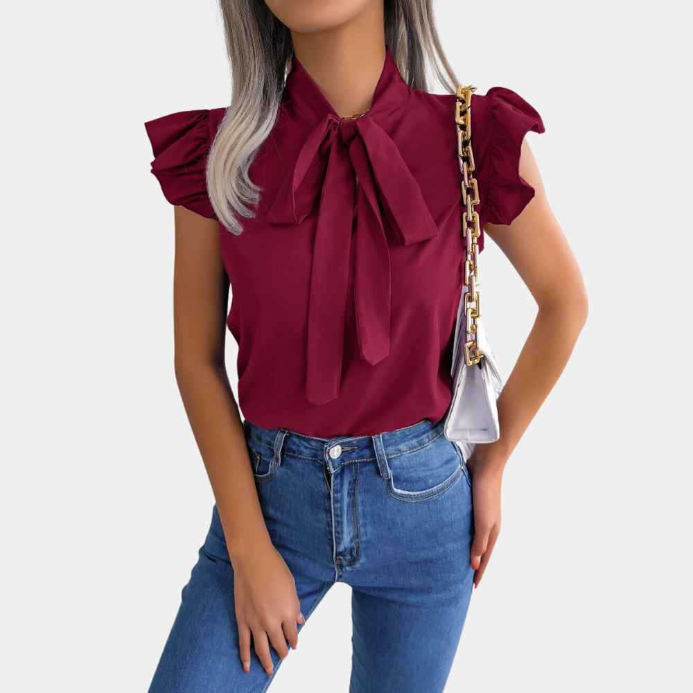 Feminine Short Sleeve Blouse with Chic Bow Collar - Nocini