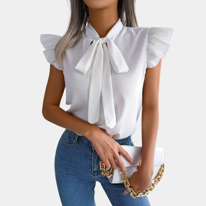 Feminine Short Sleeve Blouse with Chic Bow Collar