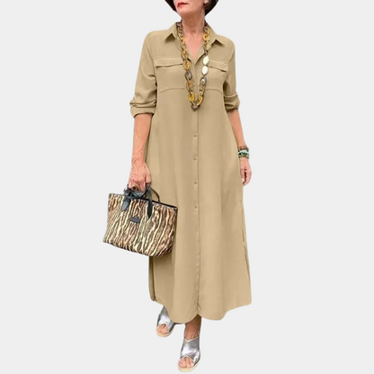 Comfy Women's Maxi Dress Long Sleeve Button Front