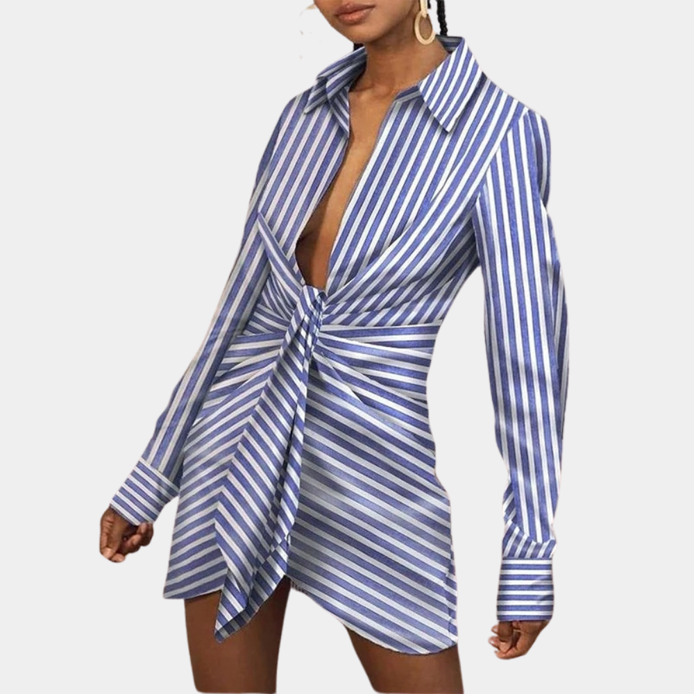 Chic V Neck Shirt Dress with Button Details - Nocini