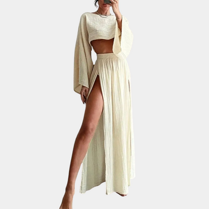 Ladies' 2-Piece Outfit - Long Sleeve Top - High Waist Maxi Skirt