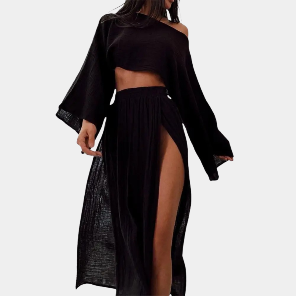 Ladies' 2-Piece Outfit - Long Sleeve Top - High Waist Maxi Skirt