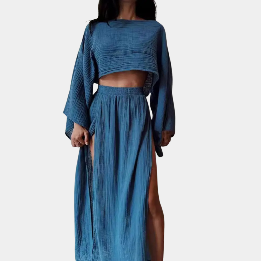 Ladies' 2-Piece Outfit - Long Sleeve Top - High Waist Maxi Skirt