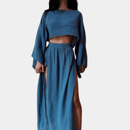 Ladies' 2-Piece Outfit - Long Sleeve Top - High Waist Maxi Skirt