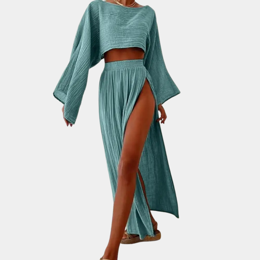 Ladies' 2-Piece Outfit - Long Sleeve Top - High Waist Maxi Skirt - Nocini