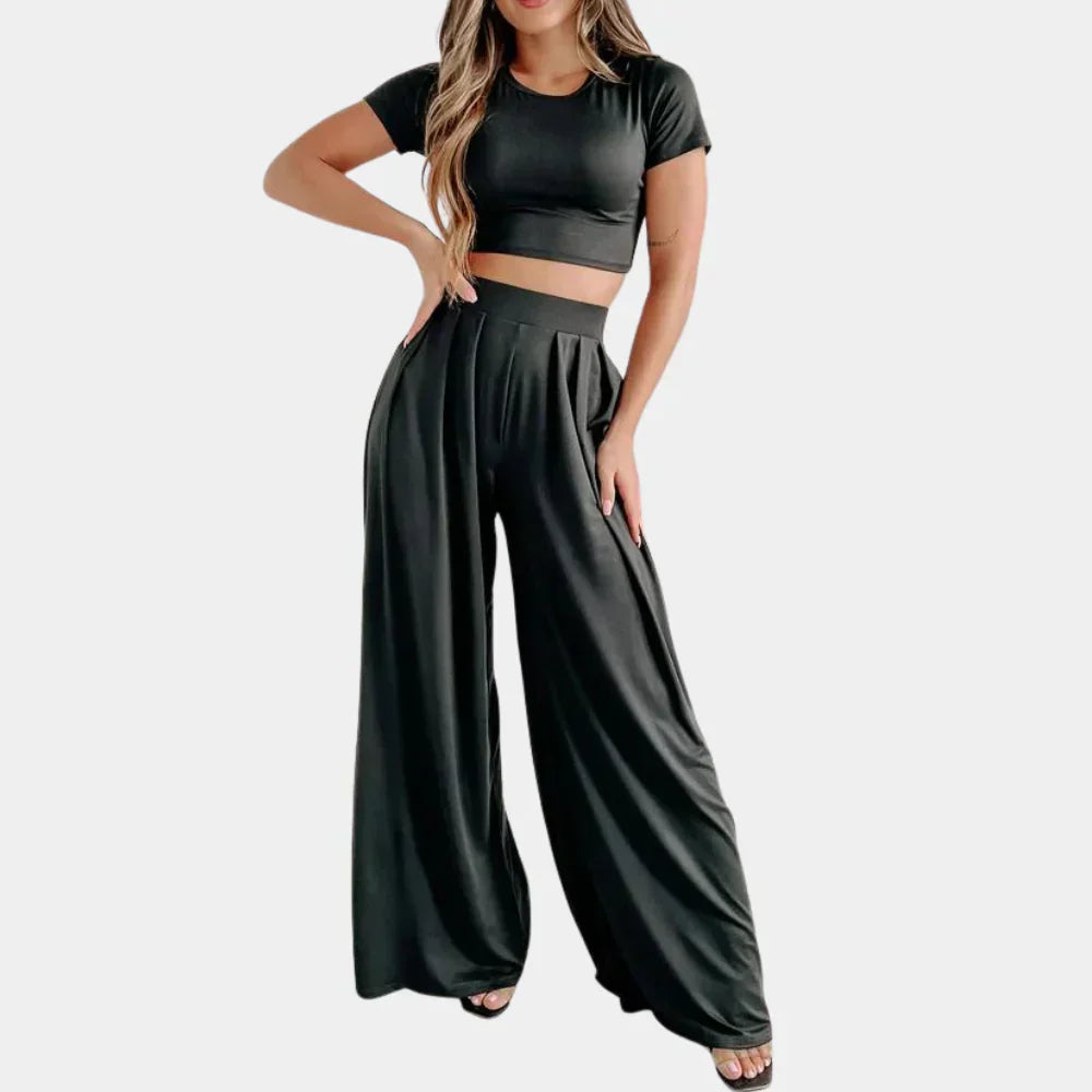 Women's 2 Piece Outfit - Casual Short Top & High Waist Pants
