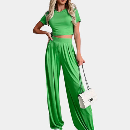 Women's 2 Piece Outfit - Casual Short Top & High Waist Pants