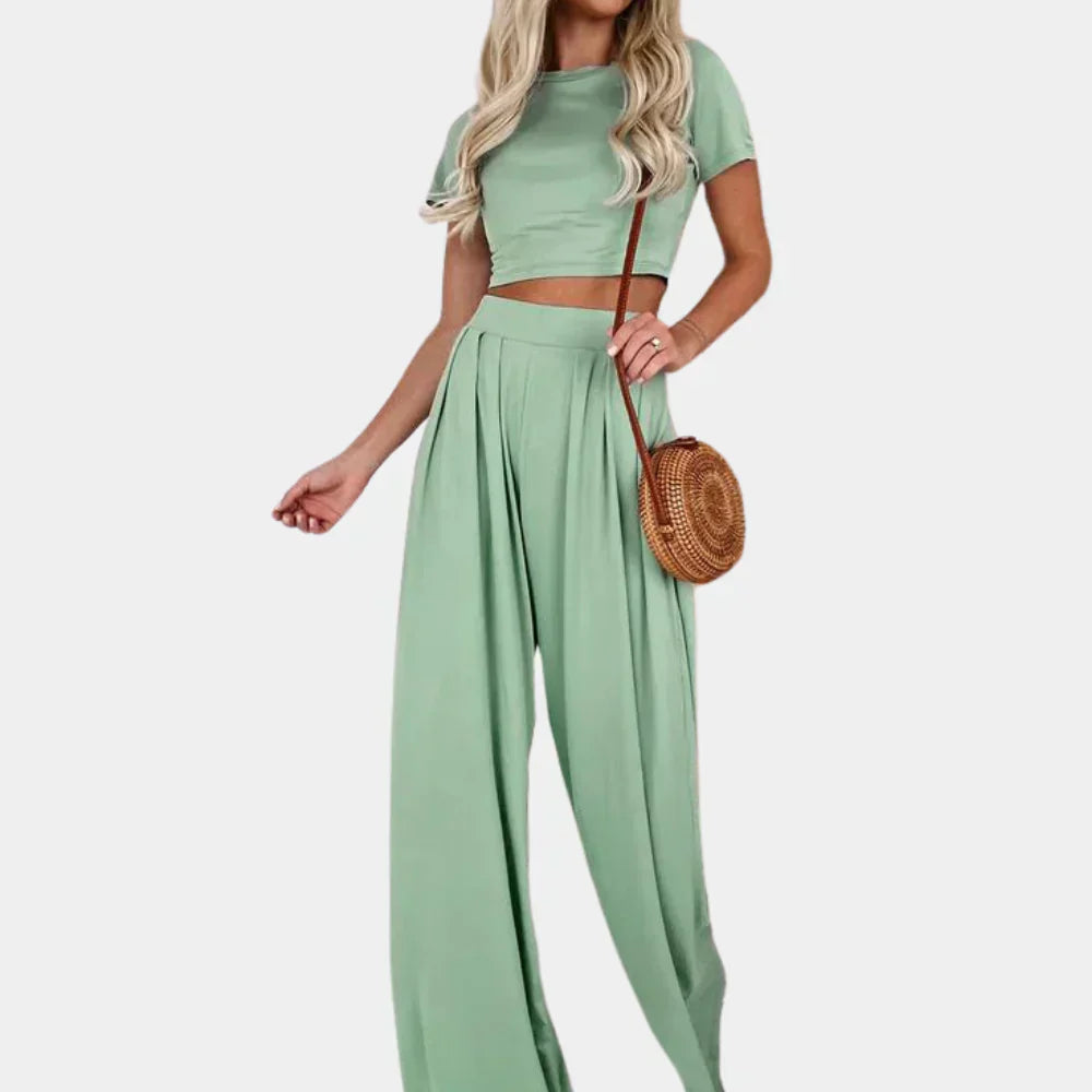 Women's 2 Piece Outfit - Casual Short Top & High Waist Pants