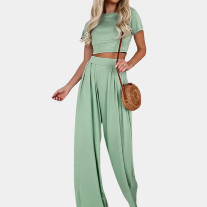 Women's 2 Piece Outfit - Casual Short Top & High Waist Pants
