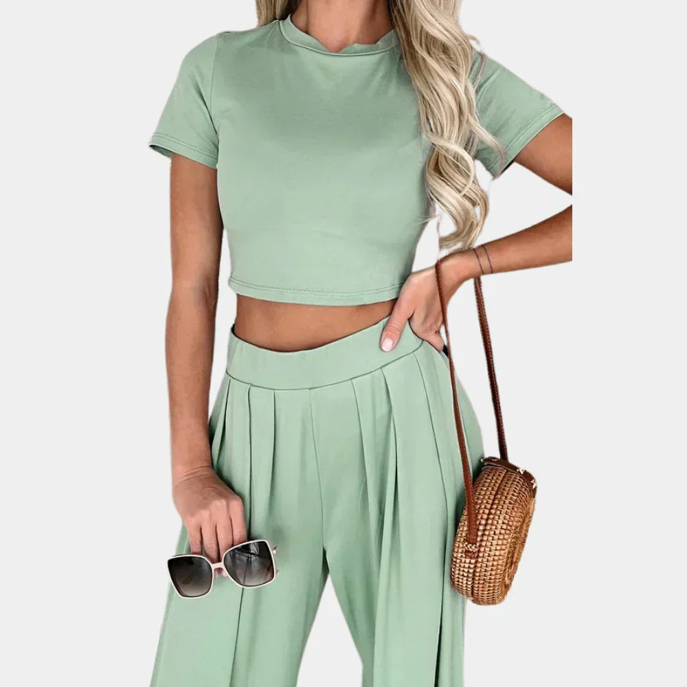 Relaxed Fit Women's 2 Piece Crop Top Pants Set - Nocini
