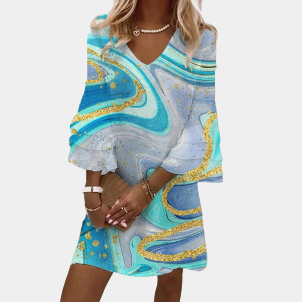 Casual V Neck Mini Dress with Floral Print - Nocini