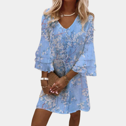 Casual V Neck Mini Dress with Floral Print