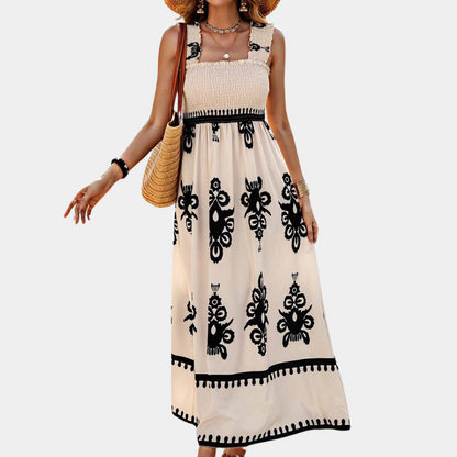Loose Fit Women's Maxi Dress with Wide Ruffle Straps - Nocini