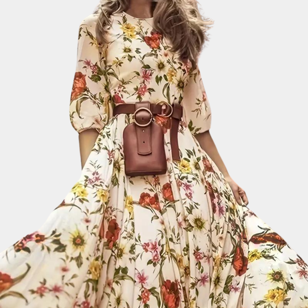 Loose Fit Floral Maxi Dress with Puff Sleeves - Nocini