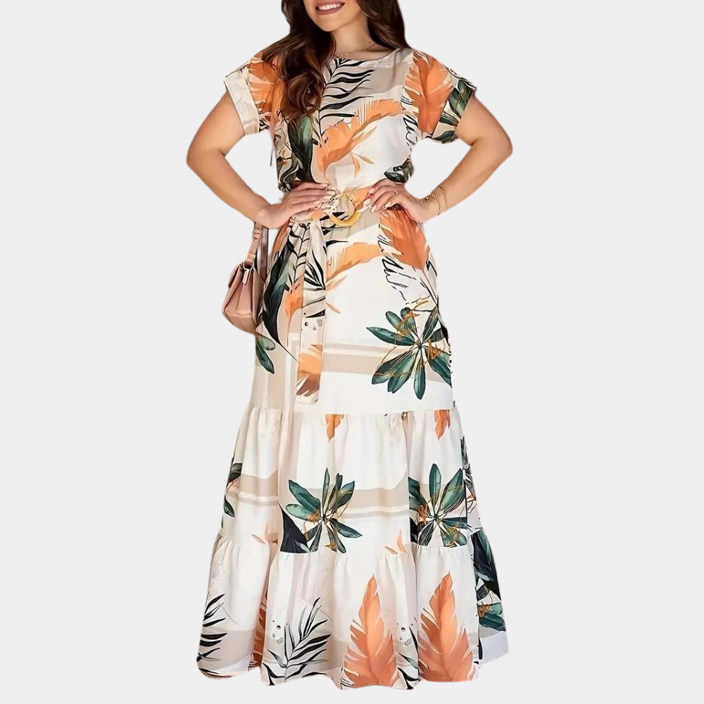 Loose Fit Floral Maxi Dress with Short Sleeves - Nocini
