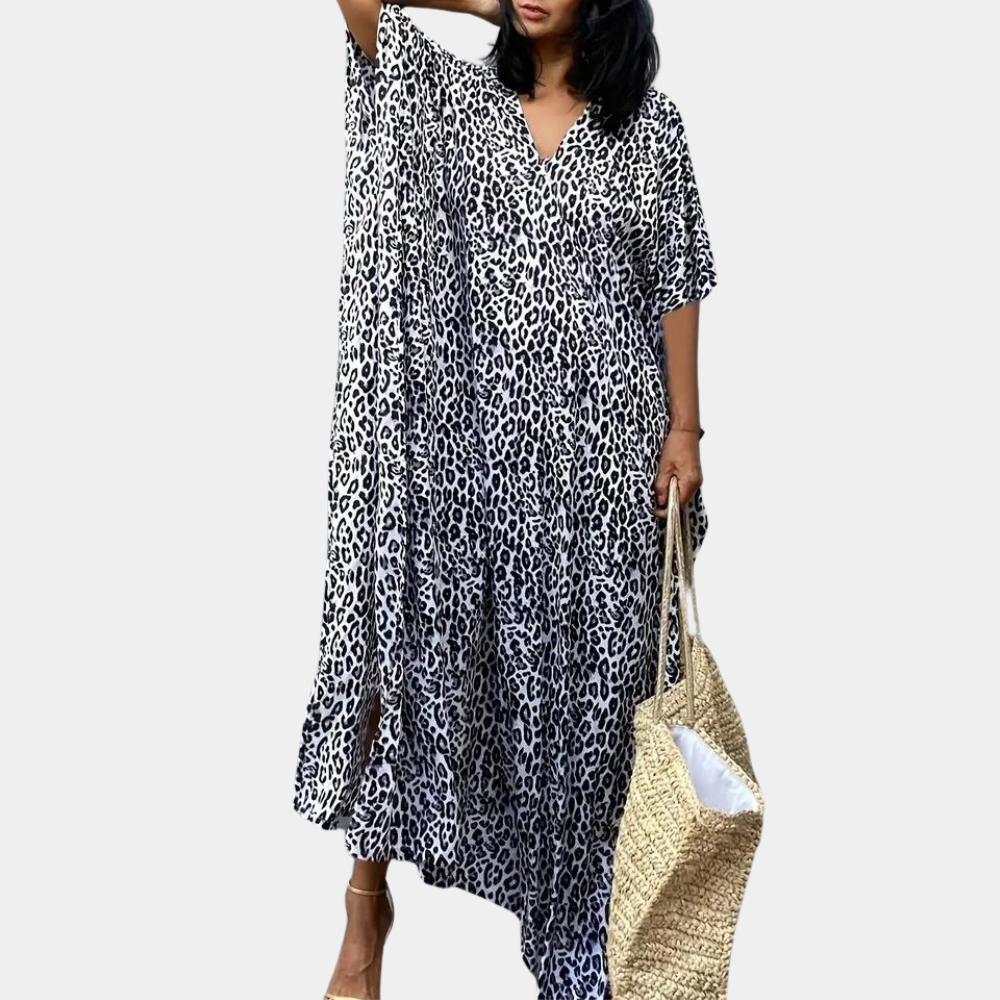 Comfortable V-Neck Animal Print Maxi Dress