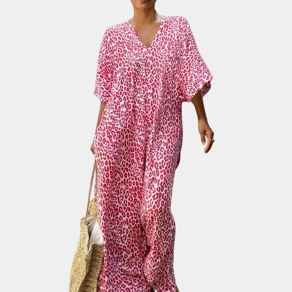 Comfortable V-Neck Animal Print Maxi Dress - Nocini