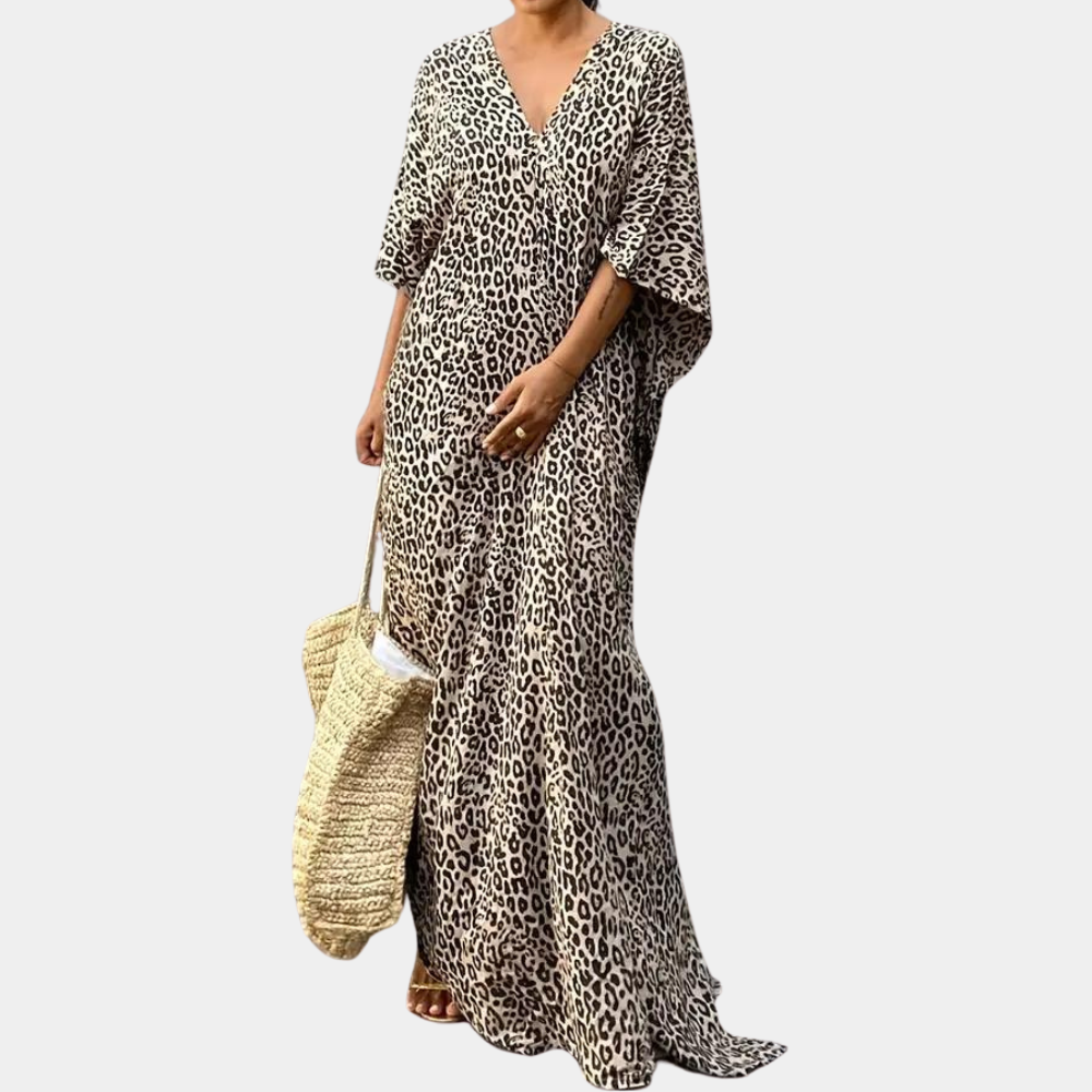 Comfortable V-Neck Animal Print Maxi Dress